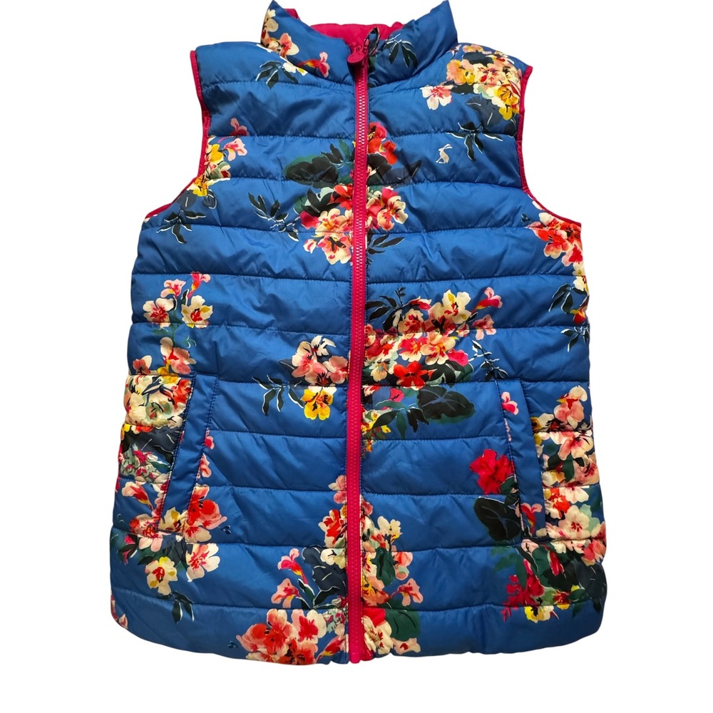Joules Flip It Reversible Puffer Vest Blue Floral Pink Kids Size 12 218486
